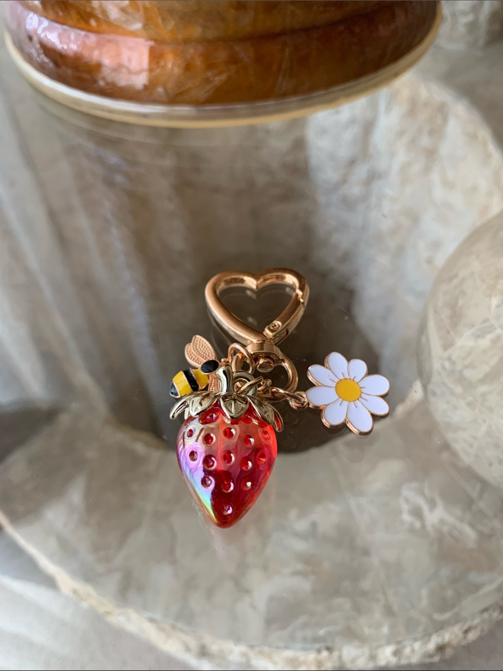 Gold Heart Keyring/Bag Charm with Strawberry, Daisy & Bee